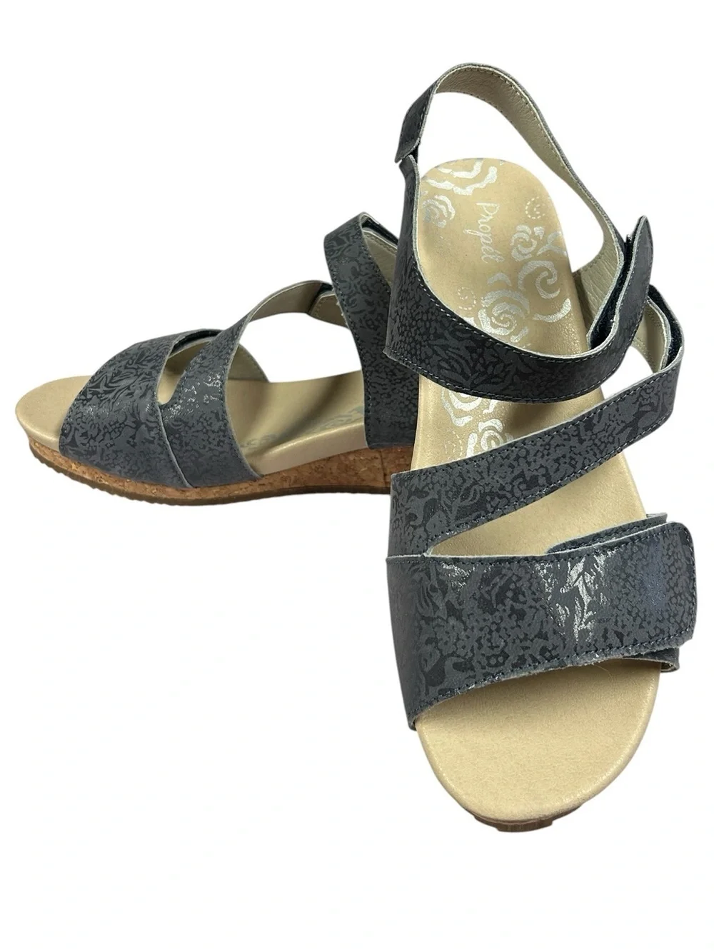 Propet Millie Women's Espadrille Wedge Sandals with a floral embossed pattern 10